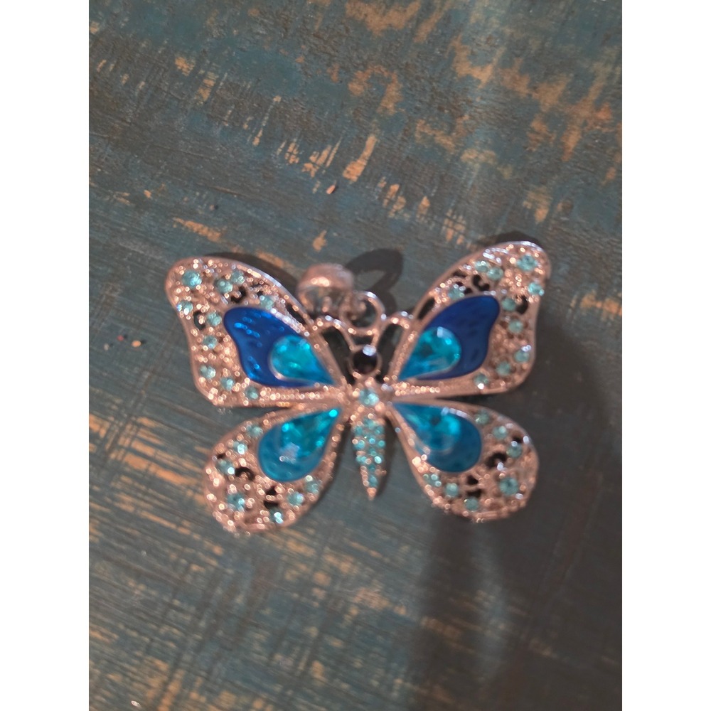 Blue Butterfly Pendant Charm Silver Tone Rhinestone Enamel Filigree Jewelry